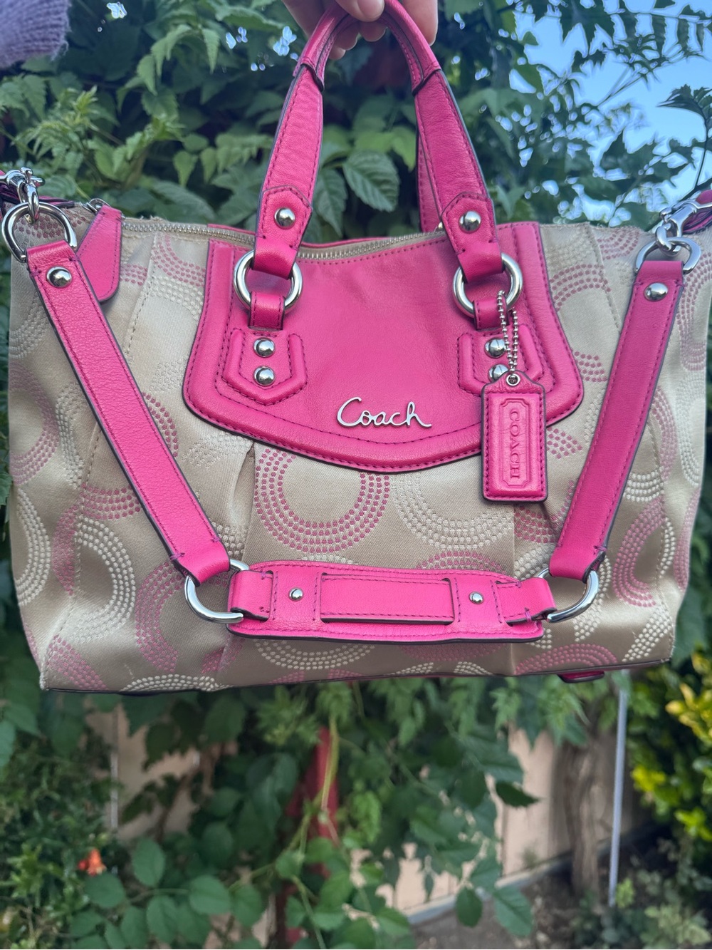 Coach Beige Signature Tote with Pink Leather Trim